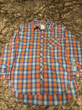 Women’s Plaid Button-Down Shirt in Orange and Blue